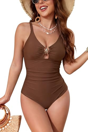 SHEKINI Traje de baño para mujer, diseño de estrella de mar, anillo de metal, traje de baño de una pieza con fruncido lateral y control de abdomen, Marrón cobre, L