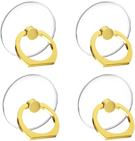 PLABBDPL 4 pcs Transparente Anillo Movil Soporte Anillo para Teléfono, Rotación 360 Grados Anillo Movil Dedo Agarre Kickstand Compatible para Teléfonos Móviles y Tabletas (Redondo - Oro)