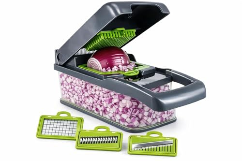 Vegetable Chopper 16-in-1 with Container – Mandoline Slicer, Onion Dicer, Julienne Cutter & Grater – Stainless Steel Blades – Food Prep Kitchen Tool (White & Green)