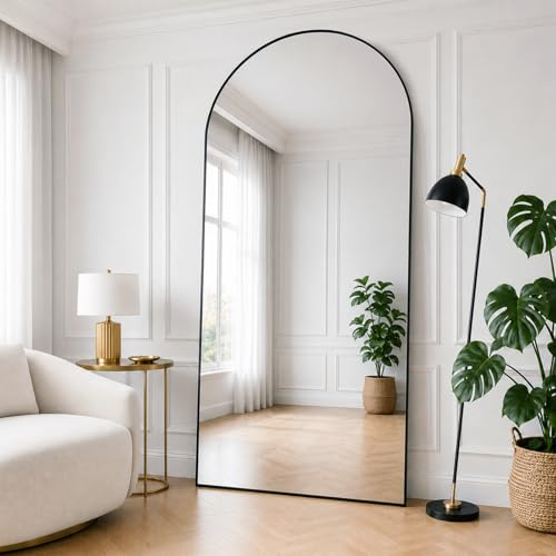 Lorvane Espejo de Pie Cuerpo Entero 180x75cm Espejo Cuerpo Entero Negro Marco de Aluminio, Espejo de Cuerpo Entero HD Vidrio Antirrotura, Espejo Pared o Suelo para Dormitorio Vestidor Salón