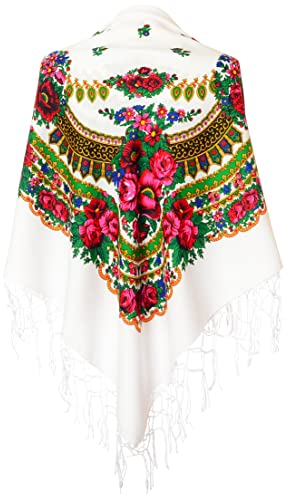 M&K Apparel - Weißer Schal mit traditionellem ukrainischem/polnischem/russischem Blumenmuster und Fransen