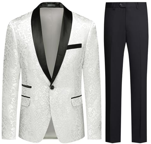 Allthemen Costume Homme 2 pièces Jacquard Coupe Slim Costumes de Smoking Luxe Formelle Mariage Dîner d'affaires Blanc M