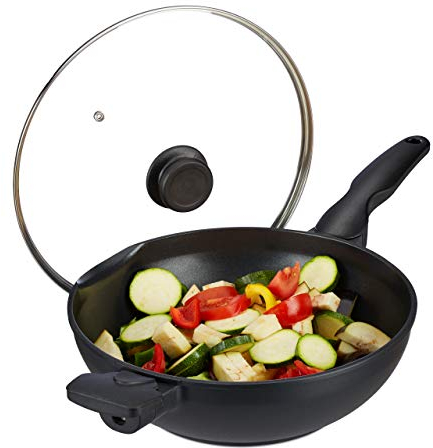 Relaxdays Wok Pfanne mit Glasdeckel 30 cm, Griffe, Antihaftbeschichtung, für Induktion, Gas-, Elektroherd, 4 l, schwarz
