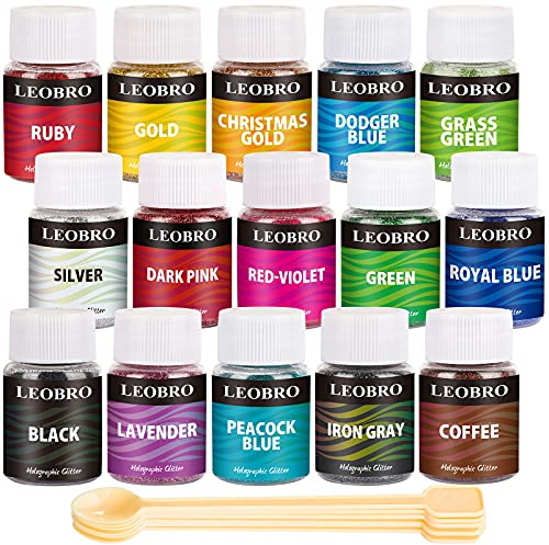 LEOBRO Holographic Glitter, 15 Colors, Extra Fine Resin Craft Glitter for Jewelry Art, Christmas, Cosmetic Uses