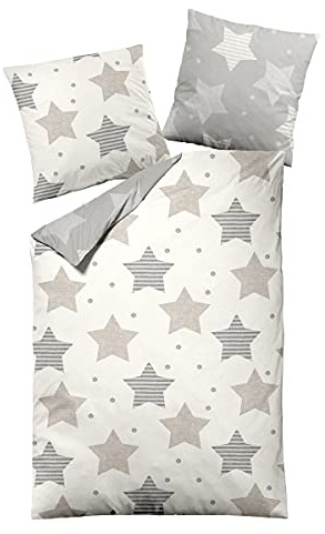 Traumschlaf Biber Wendebettwäsche Sterne beige – warme Winterbettwäsche aus 100% Baumwolle – flauschig weich & atmungsaktiv – mit Qualitätsreißverschluss – 155 x 220 cm + 1 Kissenbezug 80 x 80 cm
