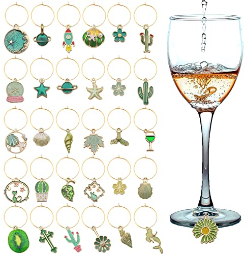 VICDUEKG - 31 ciondoli segna-bicchieri, per bicchieri da vino e bevande, cocktail e champagne, charm per identificazione, contrassegni, a tema spiaggia, decorazioni per feste, Vetro