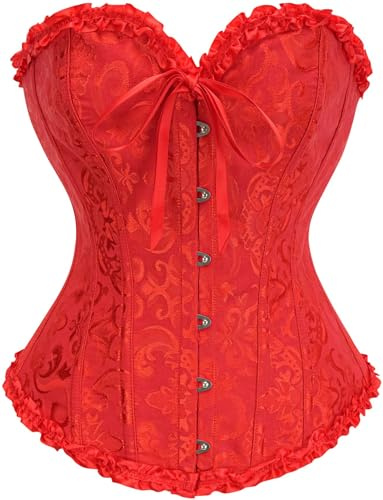 Vrapo Top Corsé Rojo para Mujer - Corset Overbust Encaje Cintura Cincher Shapewear Lencería - Talla XS