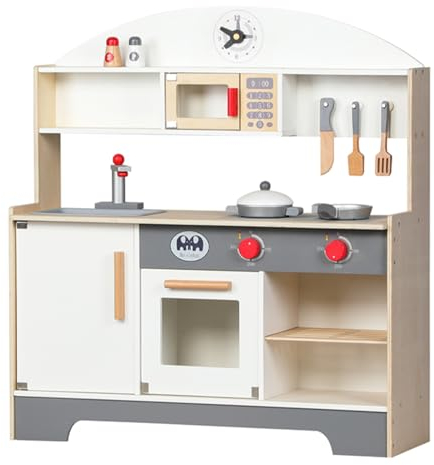 XJD Kinderküche Spielküche Holz mit Küchenzubehör, Kleinkind-Spielküche für Kinder ab 3 Jahren, Puppenküche, Geschenk für Mädchen und Jungen(Einfach, Grau)
