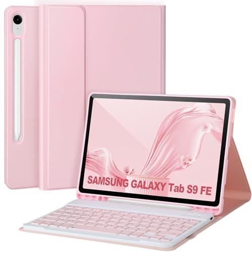 APHBZGE Tastatur Hülle für Samsung Galaxy Tab S9 FE 10,9''/ S 11''2023,Hülle mit Tastatur für Samsung S FE mit S-Stift-Halter,Abnehmbare kabellose Bluetooth-für Galaxy S9,AutoWake/Sleep,Rosa