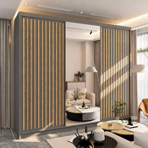 MN Furniture Roni Wide Wardrobe with Hanging Rails, Shelves and Drawers, Freestanding Closet Cabinet and Wardrobe with Sliding Mirror Doors for Bedroom (Grey, 250cm)