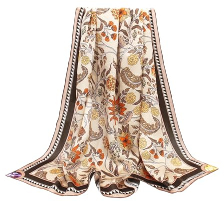 ANDANTINO 100% Silk Scarf 43 Large Square Lightweight Headscarf& Shawl–Women Hair Wraps-With Gift Packed (Floral-Light Brown)