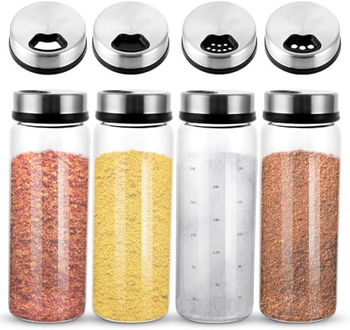 GBACHOOSE 4 Stück Gewürzgläser mit Drehdeckel, Salzstreuer 300ml, Salz und Pfefferstreuer, Gewürzdosen mit Gewürzlöcher, Borosilikatglas Gewürzstreuer für Küche, Grillen im Freien, Kochkunst