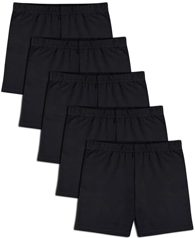 FEQO 5 Pack Girls Bike Shorts Cotton Cartwheel Dance Shorts, 12-14Y(Black)