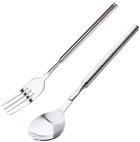 AOOTUERL Set di 2 forchette estensibiliin acciaio inox telescopico e cucchiaio, con manico lungo forchette retrattili per barbecue, cena, frutta, dessert