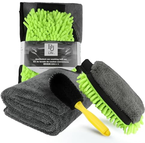 DU Life Kit Nettoyage Voiture 4 Pièces - Set Auto avec 2 Serpillères Microfibre, Gant Multifonction 3en1 & Brosse Jantes, pour Nettoyage Approfondi Véhicule/Vélo