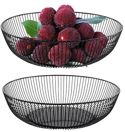 UNGFEI 2 cestini per frutta rotondi neri, 28 x 15,5 x 7,5 cm, rotondi, neri, moderni, in filo metallico, per frutta, per verdure, snack, pane, frutta