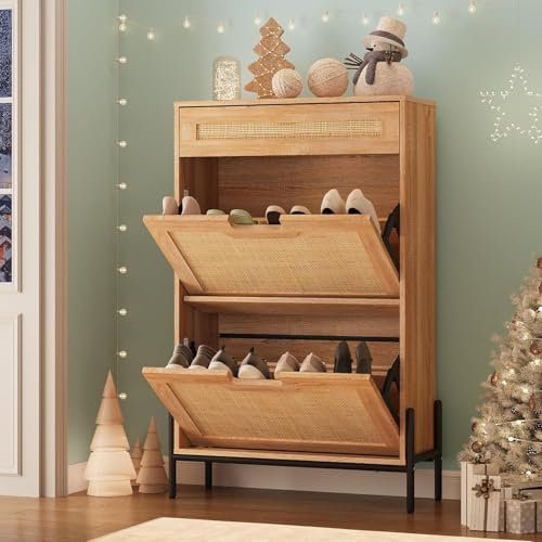 Litake Rattan Schuhkommode 2 Flip Tür mit 1 Schublade, Schuhkipper mit 4 Einstellbar Ablageflächen, Schuhschrank Schmal für Eingang, Schrank, Flur, 61 x 24 x 102 cm