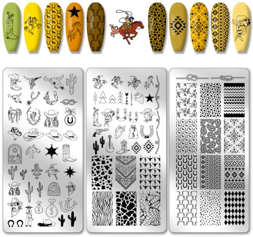 PH PandaHall Placas de estampado de uñas Wild West, 88 patrones con temática occidental, plantillas de arte de uñas, sombrero, botas, plantilla de arte de uñas, placas de acero inoxidable para mujer,