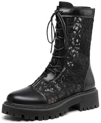 ANUFER Mujer Elegante Encaje Floral Sandalias Botas Plataforma con Cordones Cremallera Trasera Verano Mitad de la Pantorrilla Botines
