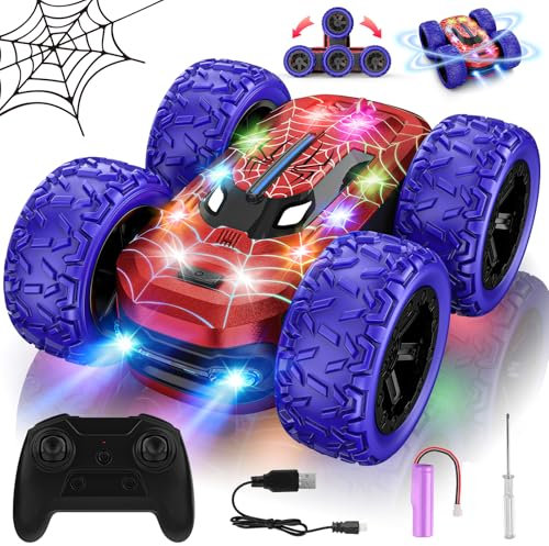 Voiture Télécommandée Tout Terrain, 4x4 Voiture Cascade Radiocommandée 360° Rotation avec Lumières Spider Jouet Garçon Fille 8+ Ans Monster Truck RC Cars Cadeau Noël Anniversaire Jeux Exterieur Enfant