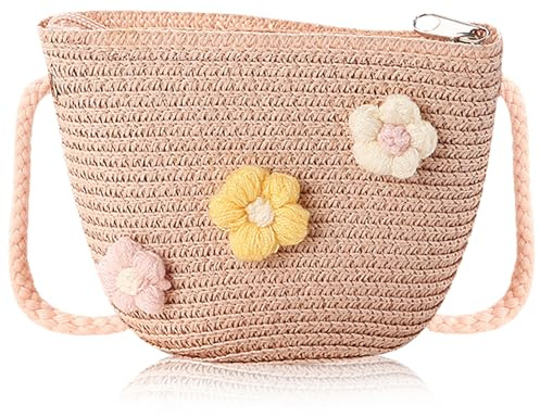 HTTDSLF Mädchentasche Blumen Stroh Tasche, Handtasche Kinder, Mini Strohkreuzbodus Tasche mit Blumen Dekoration, für Täglichen Gebrauch, Outdoor-Aktivitäten