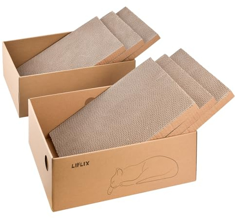 LIFLIX Cardboard Cat Scratcher with 2 Boxes, 6PCS Reversible Scratch Pads in Large Scratching Box, 43.5 x 33 x 15.2 cm