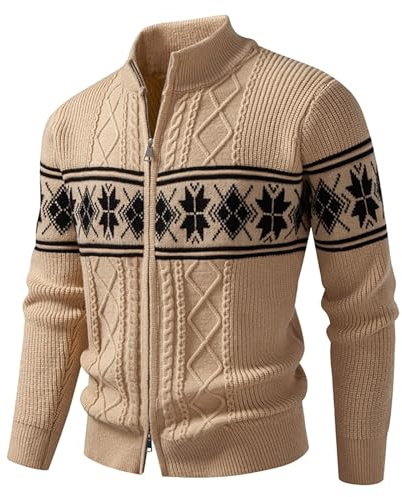 Puramala Cardigan en tricot pour homme avec fermeture éclair et motif norvégien - Cardigan doublé avec col montant - Veste d'hiver chaude pour les jours froids, Style_d04 kaki, XL