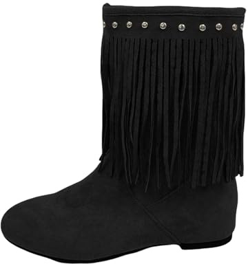 Generisch Bottes western pour femme avec mollet large, talon bloc uni avec franges, bottes d'équitation avec talon plat, fermeture éclair latérale, Noir , 41 EU