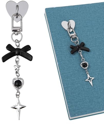 Ymapinc E-Reader Charm Chains for women, Black Bow Star Booklovers Chains for Mobile Phone with Charm Chain + Heart Hook Pendant Accessory Gift