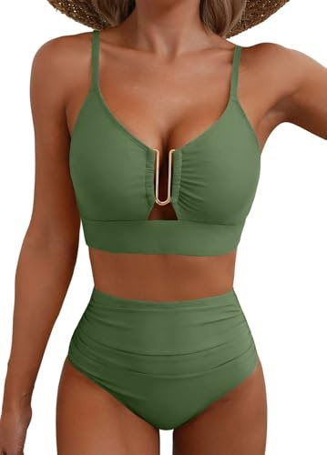 Yutdeng Bikini kvinnors set push up tvådelad baddräkt mage way hög midja baddräkter vadderad utan bygel bikinis sexig cross back bikiniöverdel U metallring cutout badmode chic baddräkt strand, Grön, L