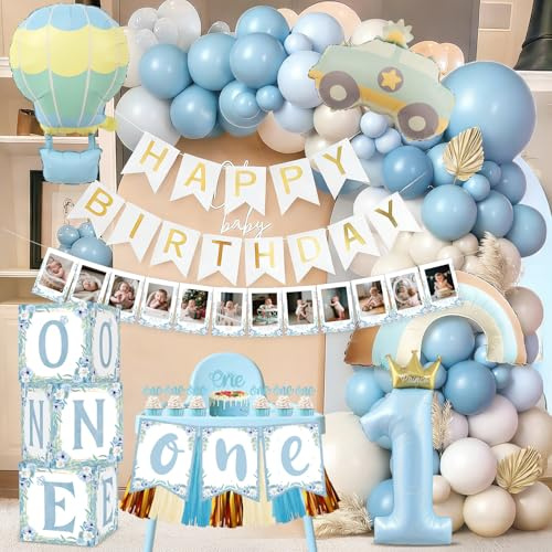 Decoracion Cumpleaños 1 Año Niño, Decoraciones para Fiesta de Primer Cumpleaños con Caja de Globos, Pancarta con Foto, Guirnalda de Feliz Cumpleaños, Globos de Cumpleaños 1 Año de bebé Niño (Azul)