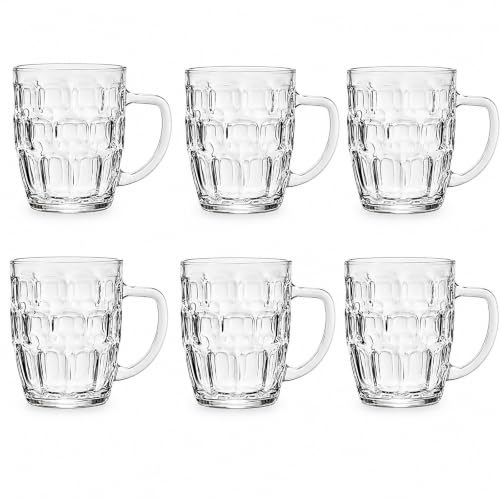 Pack 6 Jarras Cerveza Cristal 520 ml, Vasos Grandes con Asa Relieve Bar | Servicio Frío, Agarre Firme Y Presencia En Casa, Relieve Decorativo, Uso en Bar, Transparente, Con Asa Ergonómica