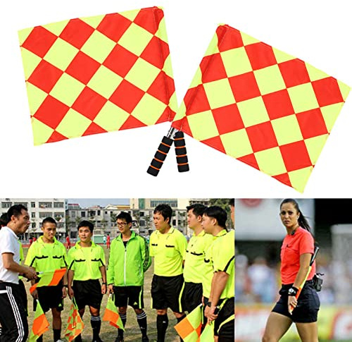 Rengue Banderas de árbitro de Fútbol 2 Piezas Banderas de Juez de Línea a Cuadros con Poste de Metal con Tela Impermeable Varilla Ajustable de Espuma Bolsa de Transporte para Partido