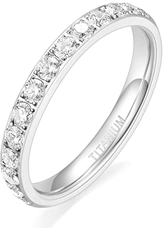 TIGRADE 3mm Women Titanium Engagement Ring Half Cubic Zirconia Eternity Wedding Band Size 3-13, Silver, Size 7.5