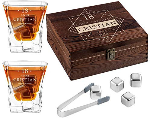 Maverton Set di Pietre da Whisky - in un cofanetto personalizzato - 8 cubetti di ghiaccio + 2 bicchieri con incisione - riutilizzabili - in granito - regalo uomo - quadrato