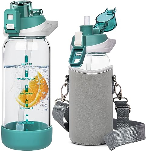 Seekua 0.6l Botella Agua Cristal para Niños 600ml Botella Vidrio Deportiva con Pajita y Marca de Tiempo sin bpa