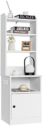 GIANTEX Table de Chevet Haute avec Station de Charge, Table de Nuit avec Étagères Réglables & Armoire & Prises & Port USB & Port Type-C, Meuble de Rangement Bibliothèque pour Chambre Bureau Salon