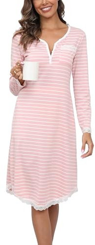 Yukiuiny Chemises de Nuit Femme Coton Dentelle Nuisette Robe de Nuit Longue T Shirt de Nuit Pyjama Casual Col V Sexy Maternité Allaitement Top Confortable Rose Rayé *Longue L