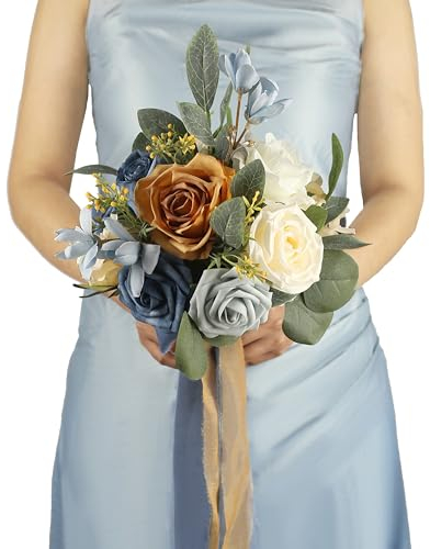 BENCENTRE 17,8 cm großer, staubblauer und senffarbener Brautjungfernstrauß für Hochzeit, kleiner Hochzeitsstrauß, für Heiratsantragsparty und Vintage-Hochzeitszeremonie, Jahrestag, künstliche Blumen