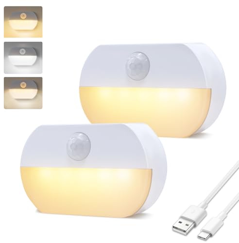YzzYzz LED Nachtlicht mit Bewegungsmelder, LED Nachtlicht Kinder, USB Wiederaufladbar, Nachtlampe für Schlafzimmer, Schrank, Toilette, Flure, Treppenbeleuchtung (2 Stück Warmweiß)