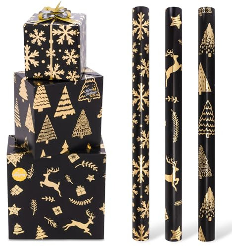Toptime Geschenkpapier Weihnachten, 3 Rollen 300x43cm Schwarz Gold Weihnachtspapier mit Geschenkschleife Aufkleber, Metallic Geschenkpapier Rolle mit Weihnachtsbaum Schneeflocken für Feiertage Neujahr