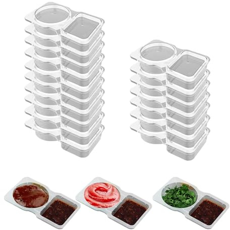 Condiment Containers 20PCS Reusable PP Double Compartmen Containers with Lids Thickened & Portable Grab And Go Sauce Pot Container for Sauces Dips Snack Picnic Work Lunch Takeout Meals Parties Camping