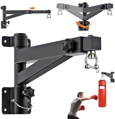 Support Sac de Frappe Adulte, Support Mural Sac de Boxe, Longueur Réglable (43-63cm), Rotation à 180° pour Pliable, Supporte 150kg Punching Ball, pour Salle de Sport à Domicile/Garage/Sous-sol