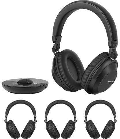 SIMOLIO Bluetooth TV Funkkopfhörer mit klarem & lautem Klang – Kabellose Kopfhörer & Sender für Gruppenhörer für Partys, Silent Discos, Kirchen, geringer Latenz TV – mehrere wiederaufladbare Headsets