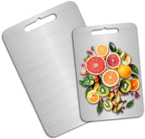 Homshsjhkis 2 Pcs Tabla Cortar Acero Inoxidable, Cutting Board con Asa, Profesional Tablas para Cortar Antideslizante, Antibacteriano y Antibacteriana Fáciles Limpiar, Apto Lavavajillas, Sin BPA