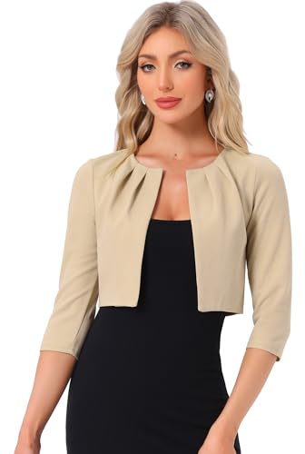 Allegra K Boléro en Mousseline Femme Blazer Court de Bureau à Haussement d'Épaules et à Manches 3/4 Cardigan Léger Plissé sans Col