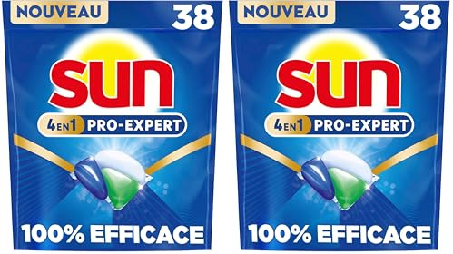 Sun - Pro Expert - Pastilles Lave Vaisselle - Action 4 en 1 - Regular - Elimine 100% des taches brûlées de +72h - dégraissent en Profondeur - 38 Capsules (Lot de 2)