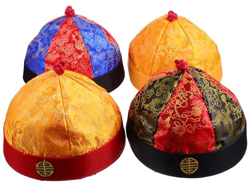 BCOATH Lot de 4 Chapeaux d'Empereur Chinois Qing pour Garçon et Filles N°7 avec Tresses Chapeaux de Costume Traditionnels en Tissu Solide Accessoires de Déguisement Cosplay et