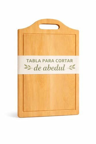 Tabla de Cocina de Madera de Abedul Natural grande36 x 24 cm. Tabla de Cortar con Asa Ergonómica y Canal Recoge Líquidos – Ideal para Uso Diario.decorativa