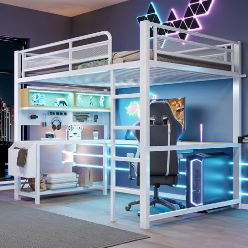 LPdorbe Lit Mezzanine Gaming 140x200 cm avec Bureau, Tablette Clavier, rangements, LED 7 Couleurs et Station de Charge USB, Idéal pour Adolescents et Adultes,Blanc